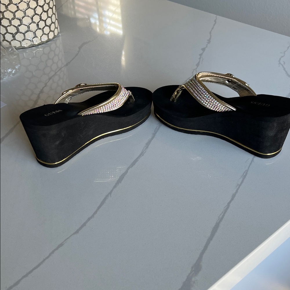 Guess Black & Gold Jeweled Platform Thong Sandals - Picture 3 of 6